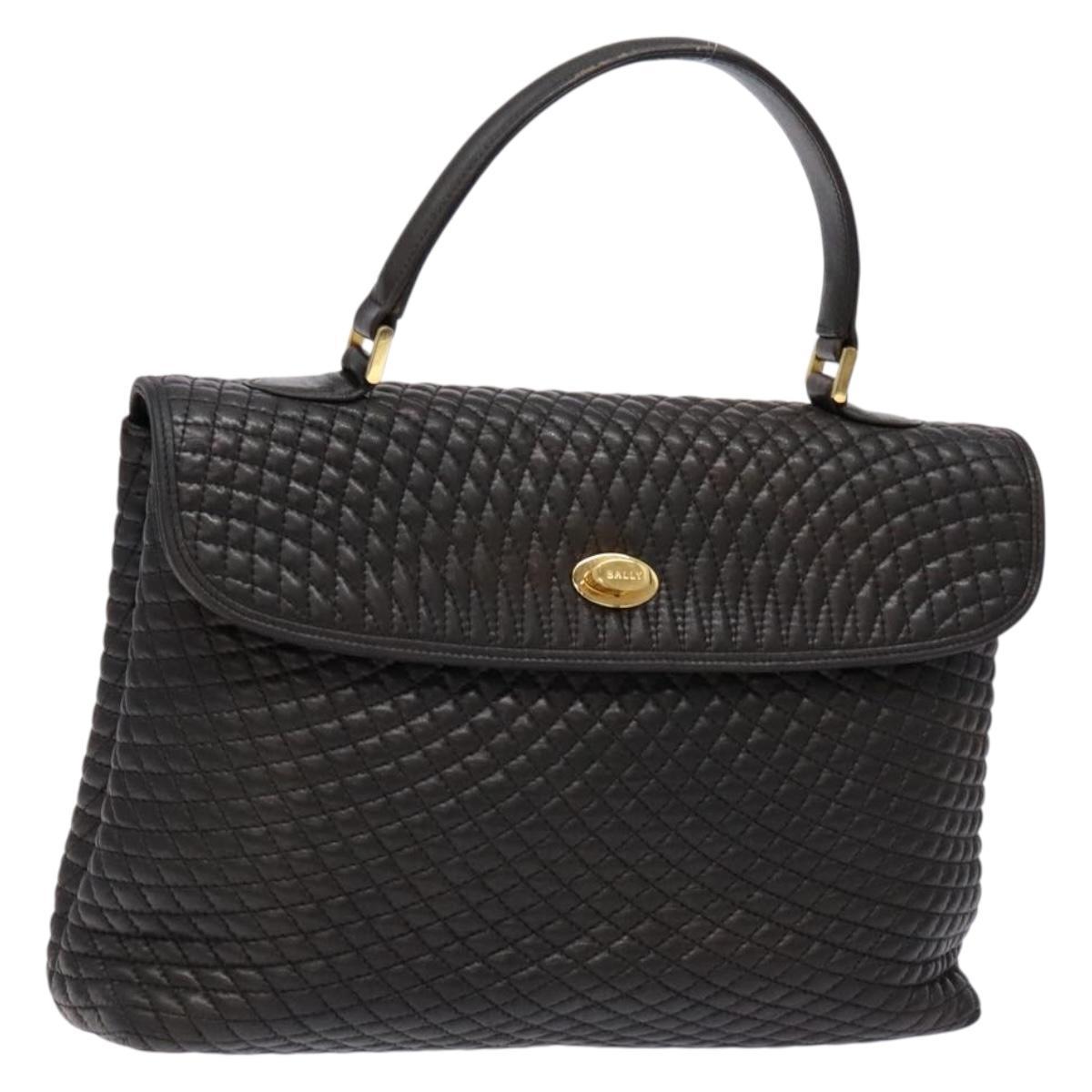 Bally Matelasse Hand Bag Leather Black Gold Auth Ki5898